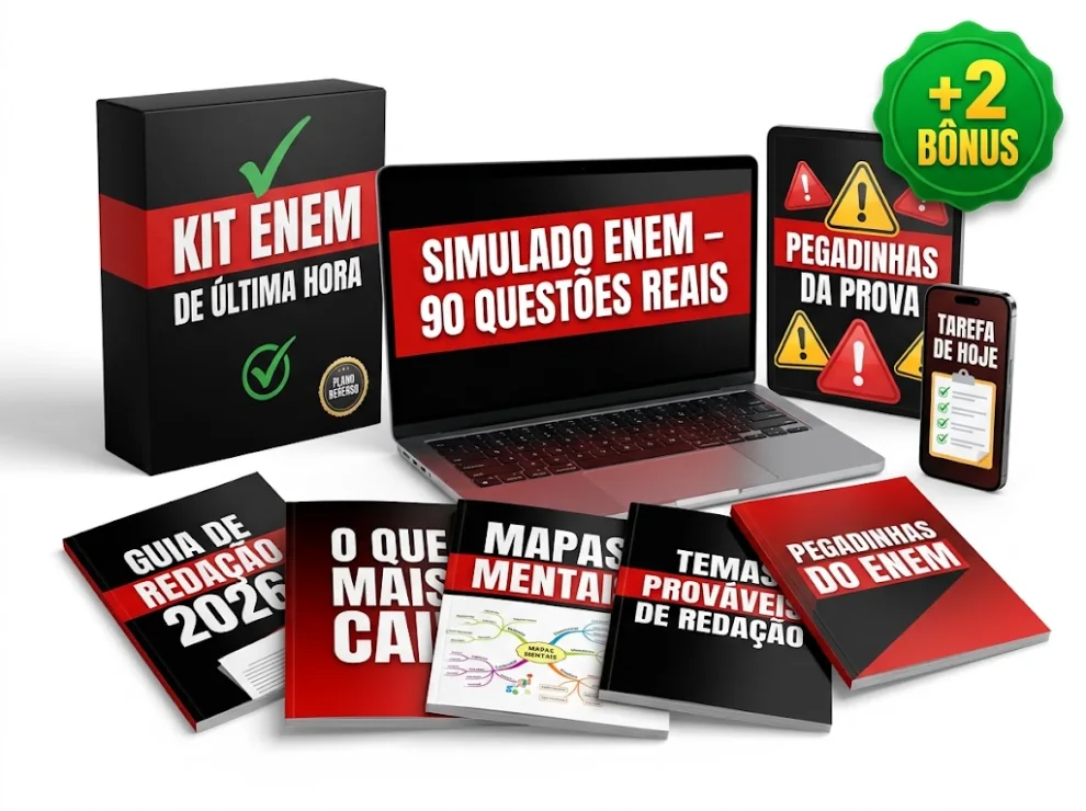Kit ENEM de Última Hora: caixa, simulado com 90 questões reais, pegadinhas da prova, app com a tarefa do dia, guia de redação, o que mais cai, mapas mentais e temas prováveis