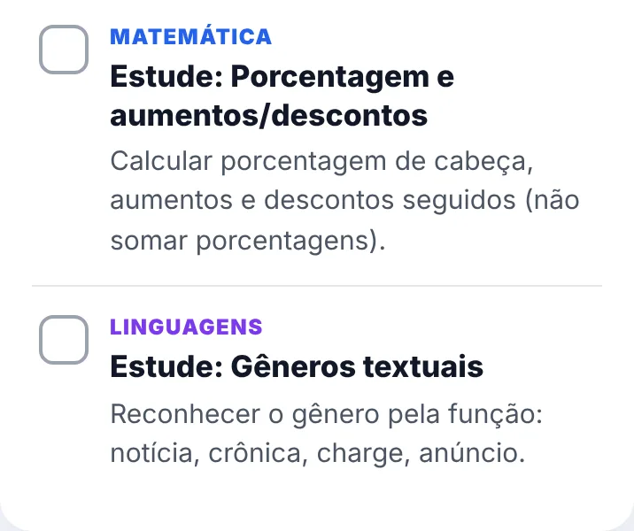 Tela do app Plano Reverso com as tarefas de hoje: Matemática, porcentagem; Linguagens, gêneros textuais