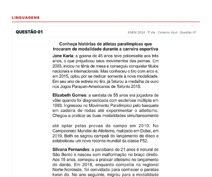 Página do simulado com a Questão 01, retirada do ENEM 2024, 1º dia, caderno azul, questão 07